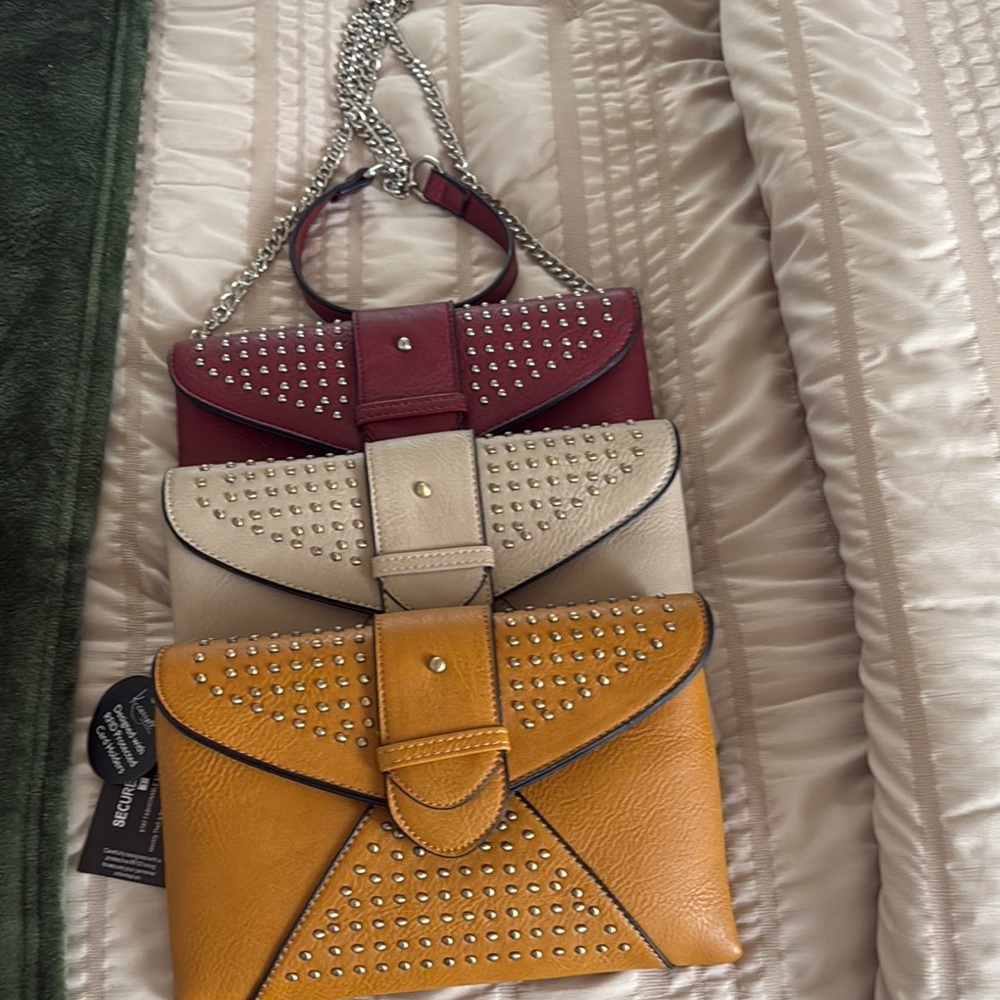 Studded Leather Crossbody Bag Trio — Mustard, Cream & Burgundy